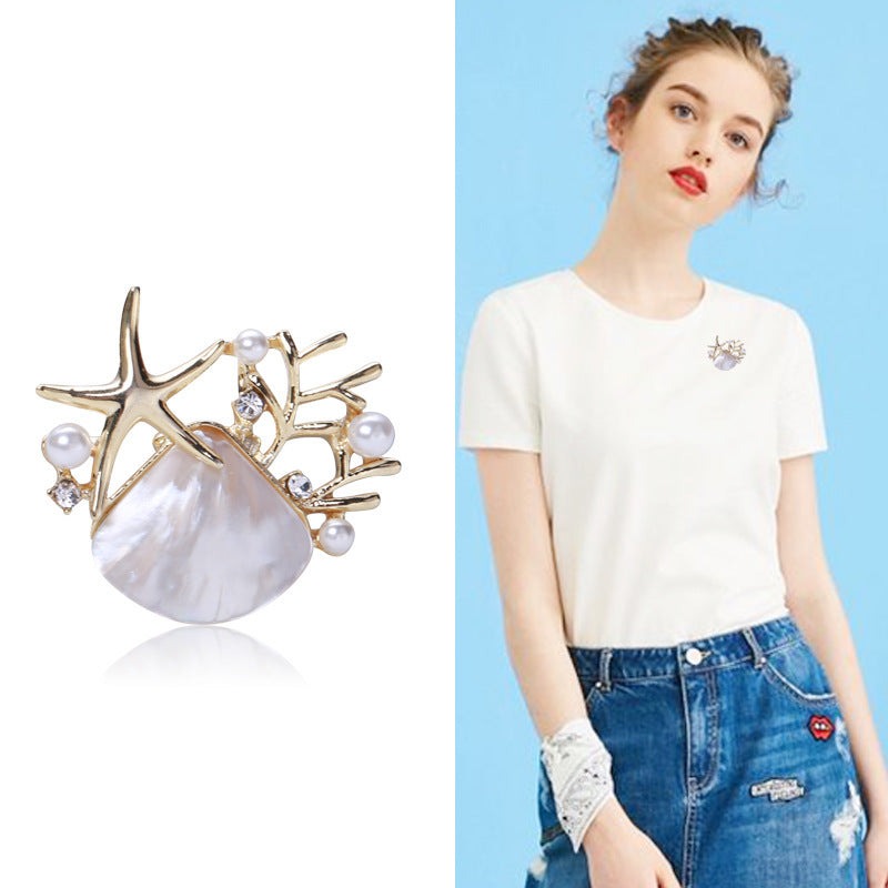 Abalone Shell Scallop Starfish Brooch – Elegant Ocean-Inspired Pin with Pearl Detail | 39x36mm