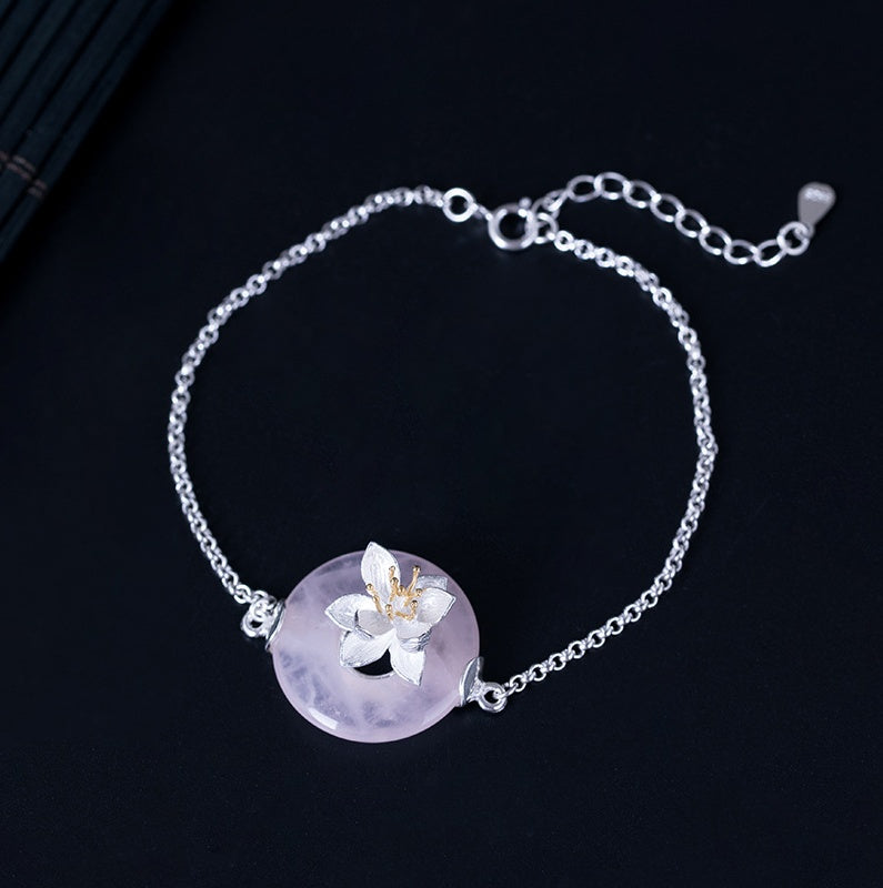 PGP Holiday | 925 Sterling Silver Art Deco Art Lotus on Dongling Light Teal Jade or Pink Lavender Crystal | Silver Bracelet