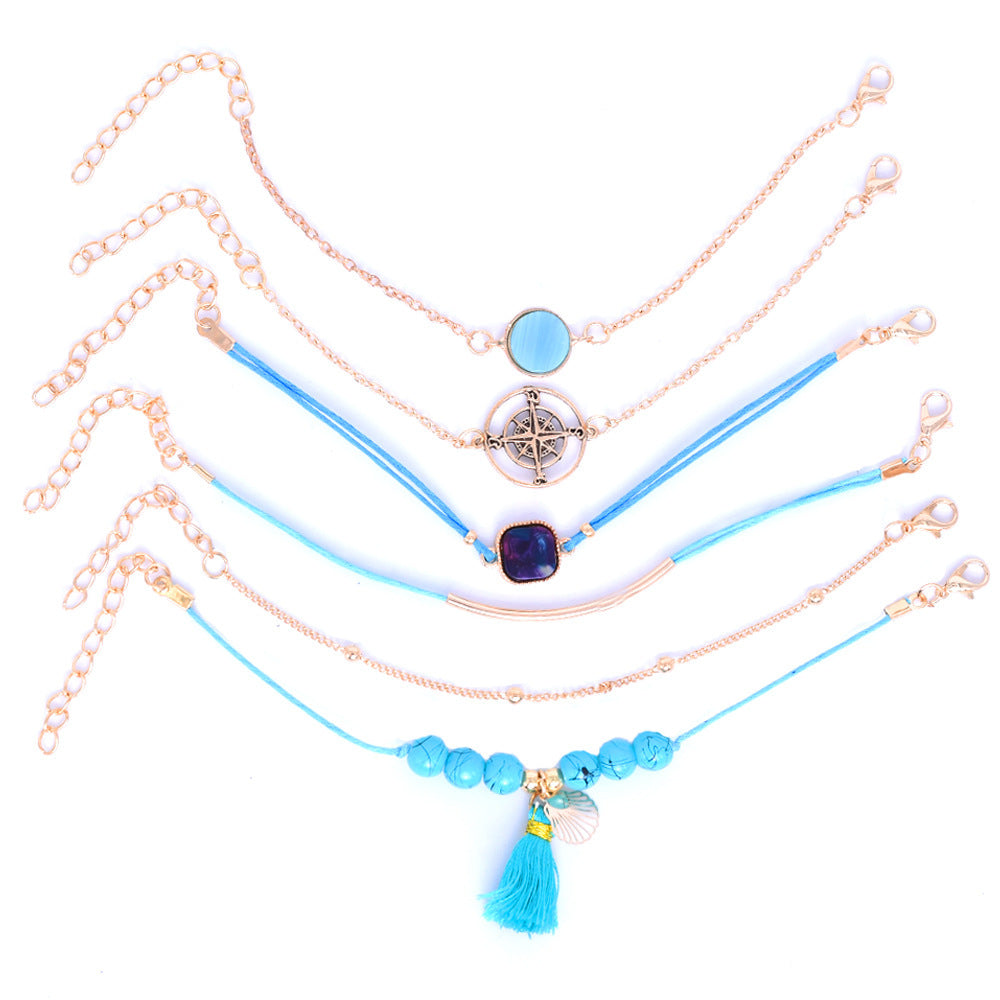 Mermaidcore Compass & Scallop Bracelet Set – 6-Piece Turquoise Oceanic Stack | Adjustable 16.5–19.5cm