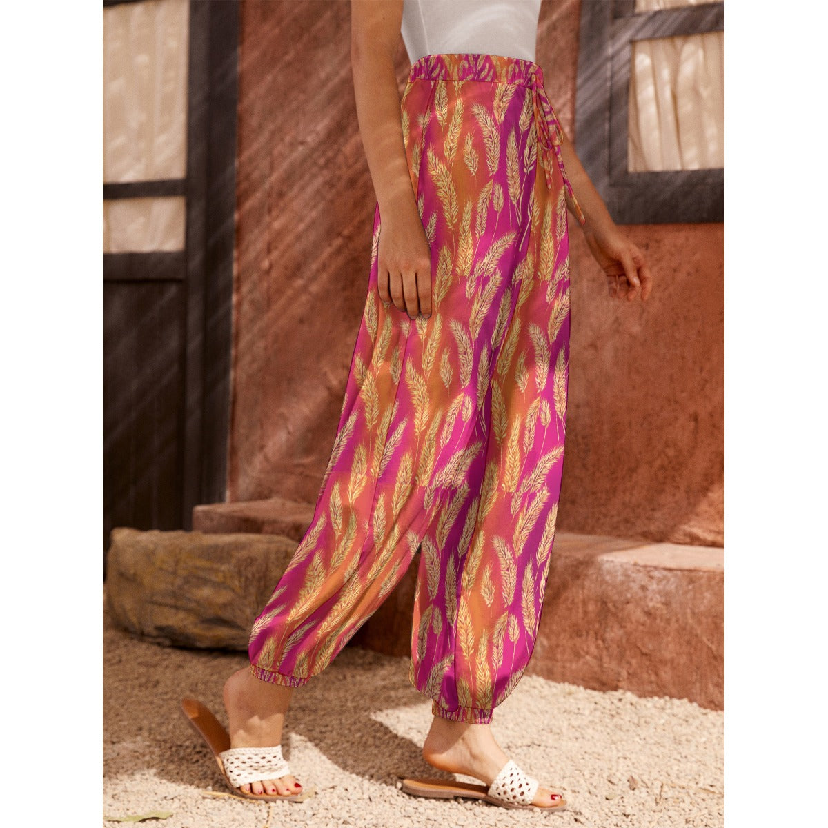 Lohri Celebration Women's Patiala Carrot Style Fit Pants with Pockets - Wheat on Vibrant Pink Ombre