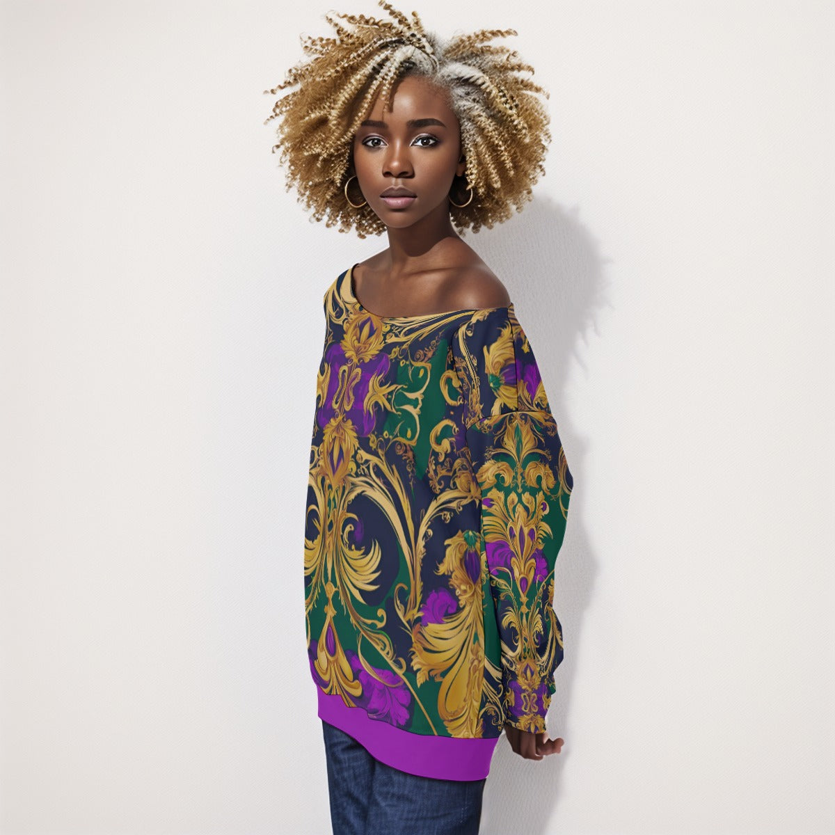 PGP Holiday Mardi Gras Off-Shoulder Sweatshirt – Sexy, Cozy & Curve-Flattering