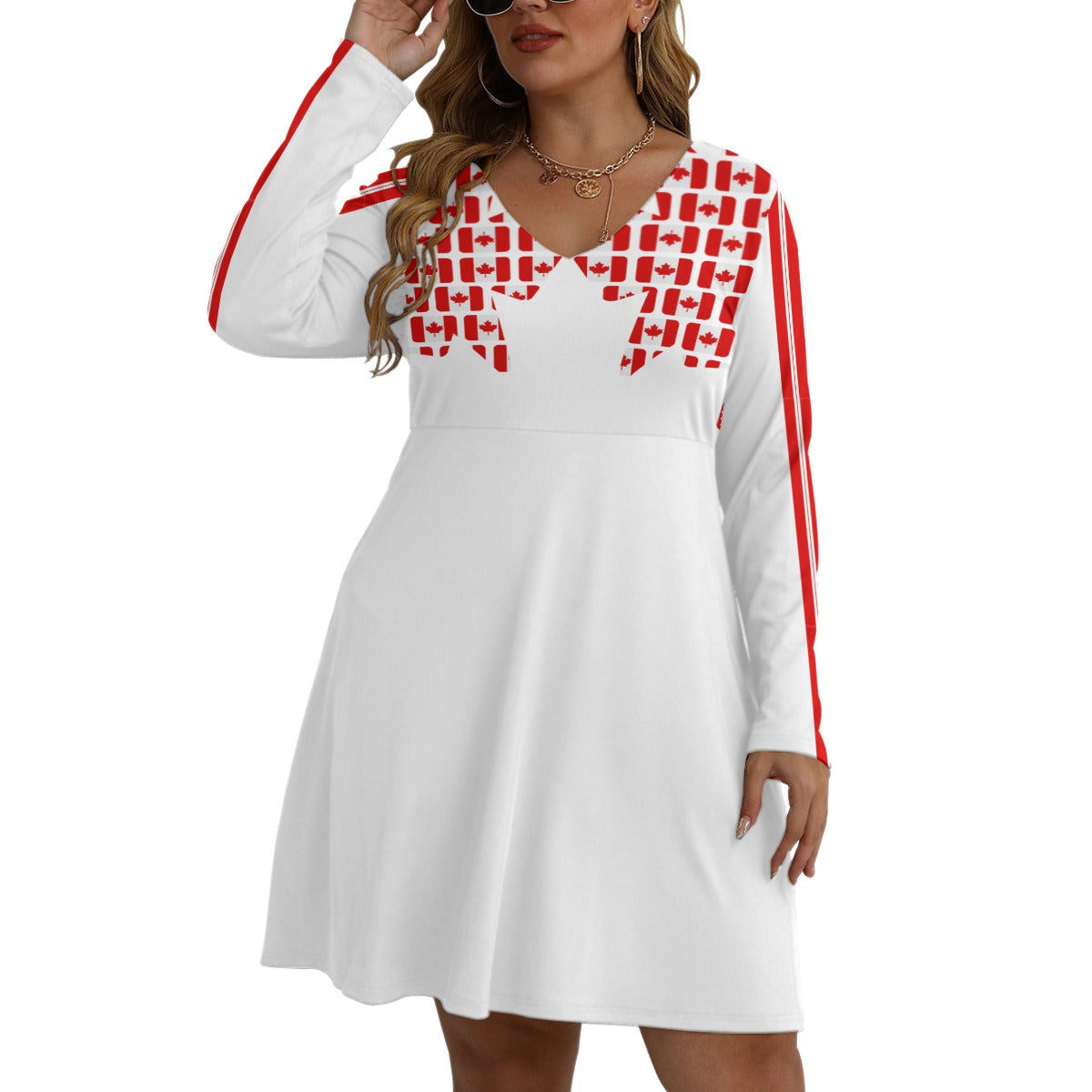 PGP Holiday Canadian Flag Day V-Neck Long Sleeve Dress – Plus Size | PGP Holiday
