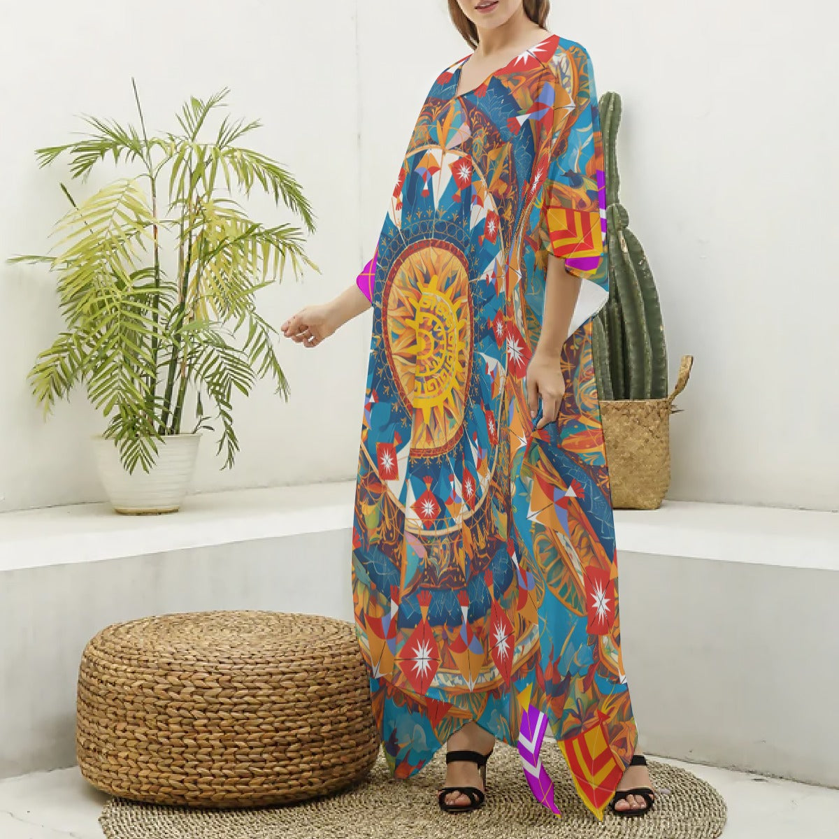 Makar Sankranti Celebration Imitation Silk V-neck Kaftan - Kite & Sun Mandala