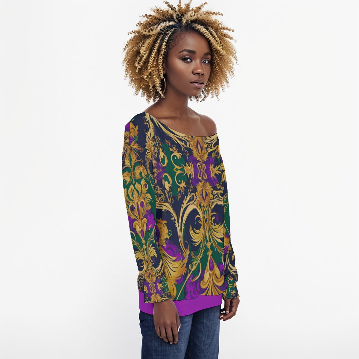 PGP Holiday Mardi Gras Off-Shoulder Sweatshirt – Sexy, Cozy & Curve-Flattering