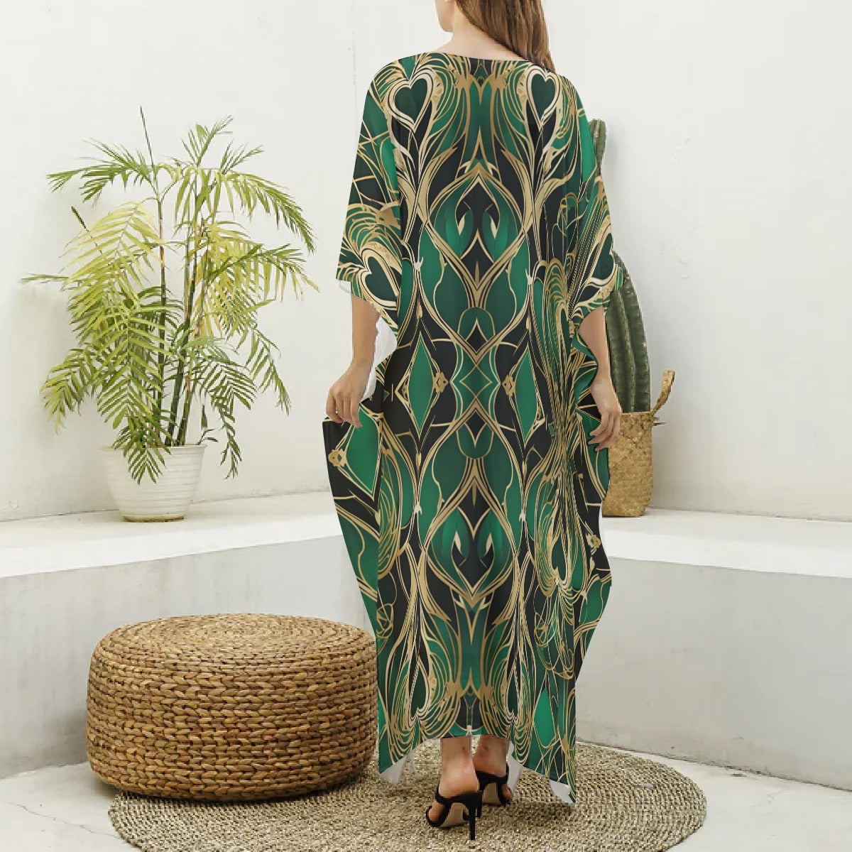 PGP Holiday Eros Époque Silky V-neck Kaftan – Emerald & Gold Art Deco Cruise & Resort Wear
