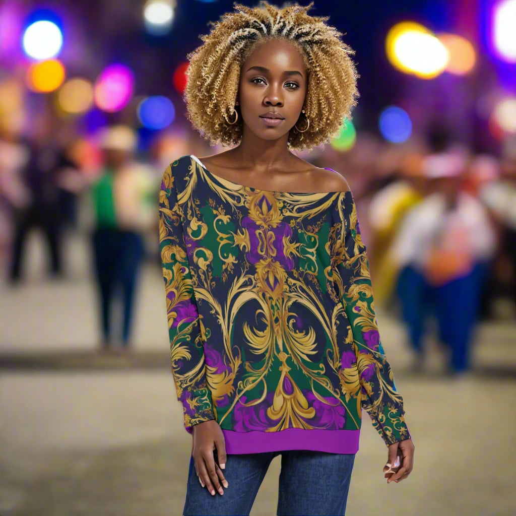 PGP Holiday Mardi Gras Off-Shoulder Sweatshirt – Sexy, Cozy & Curve-Flattering