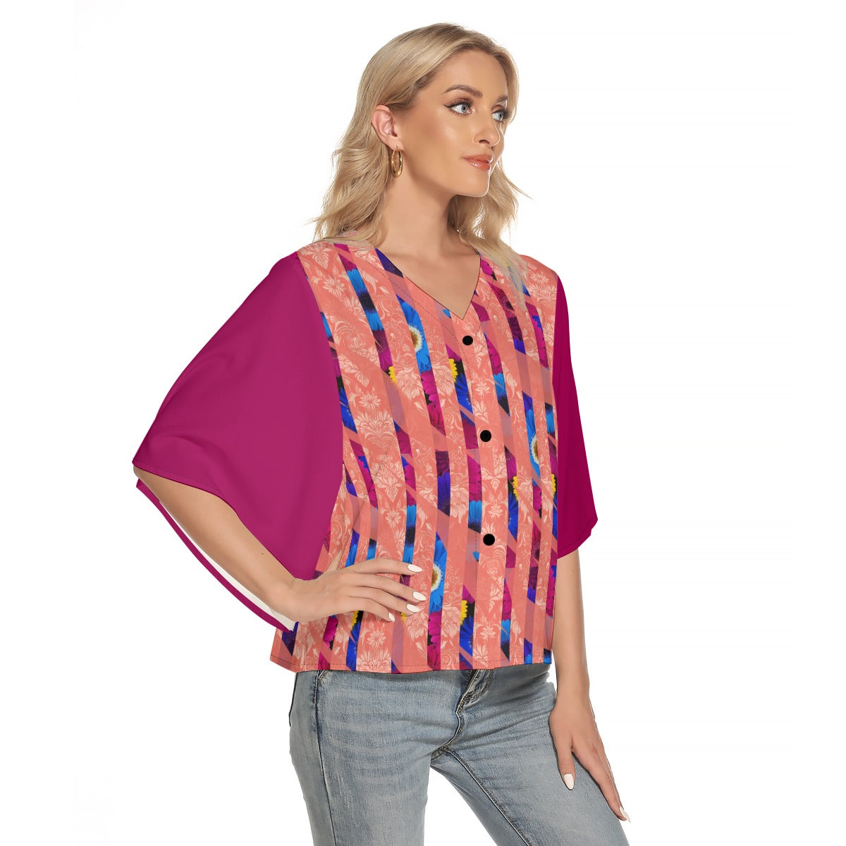 PGP Holiday Women's Bold Bloom Bat Sleeve V-neck Blouse with Four-way Stretch