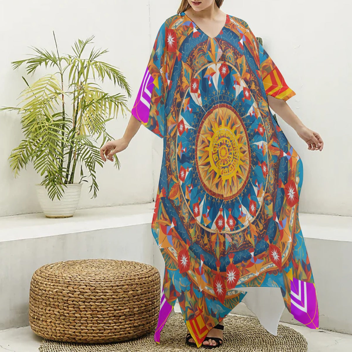 Makar Sankranti Celebration Imitation Silk V-neck Kaftan - Kite & Sun Mandala