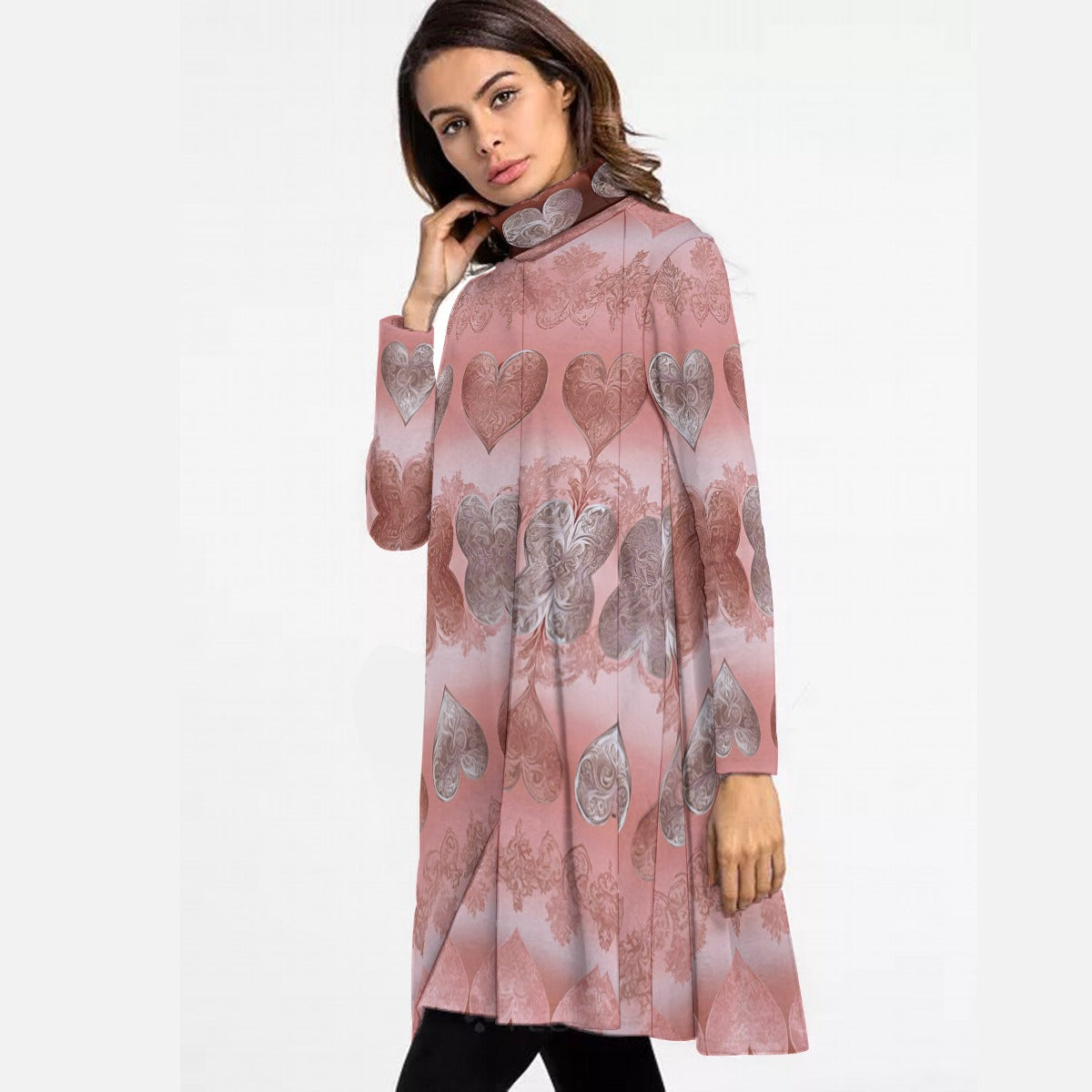 PGP Holiday She Prefers Silver Line - Black Tea - "Whisper-Wrap" Loose Roll Neck Long Sleeve Dress