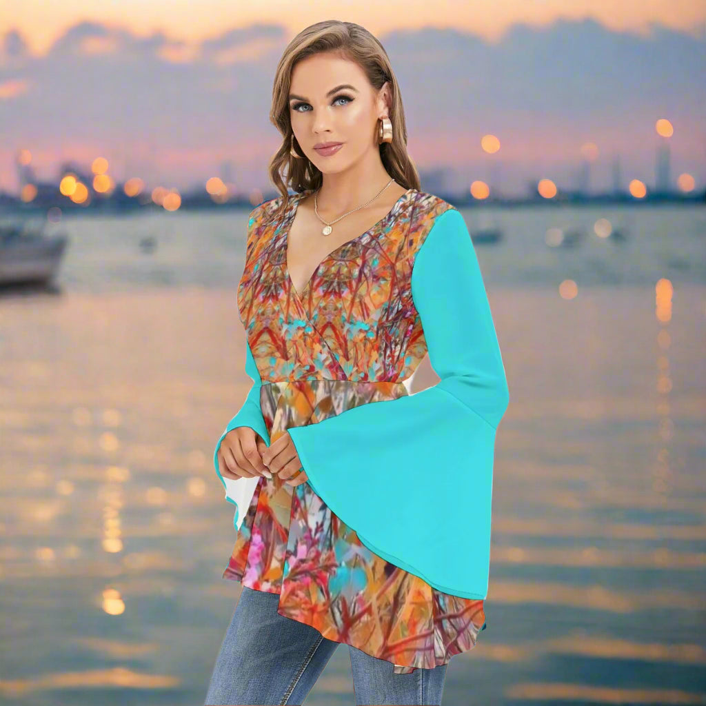 All-Over Print Women's V-neck Blouse With Flared Sleeves