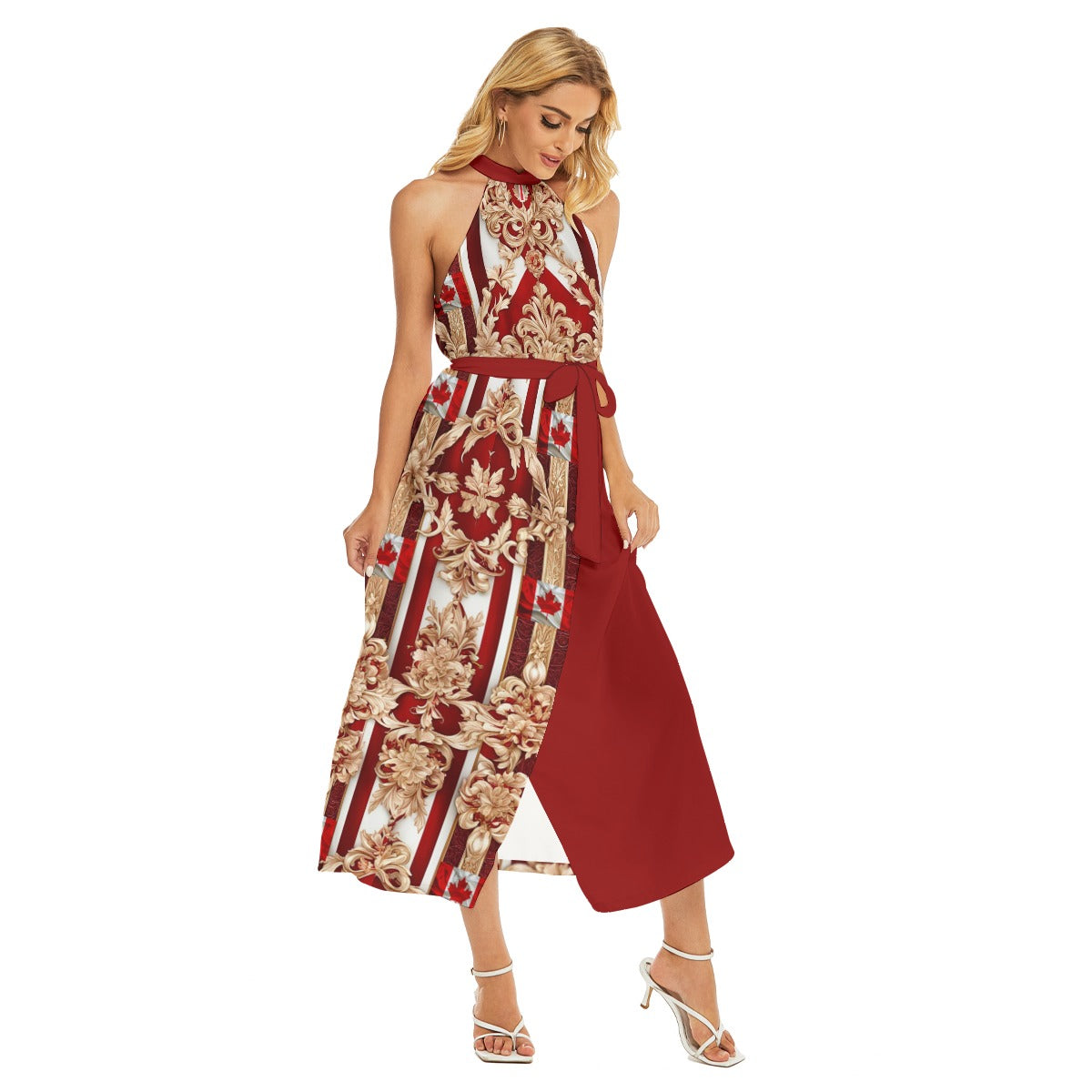 PGP Holiday Drapeau Souverain Wrap Hem Belted Halter Dress – Lightweight, Breathable, and Stylish