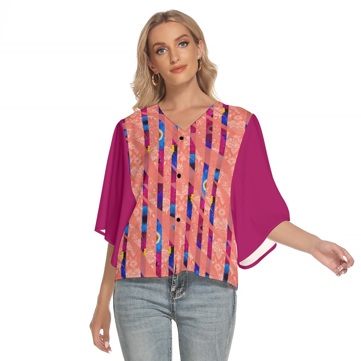 PGP Holiday Women's Bold Bloom Bat Sleeve V-neck Blouse with Four-way Stretch
