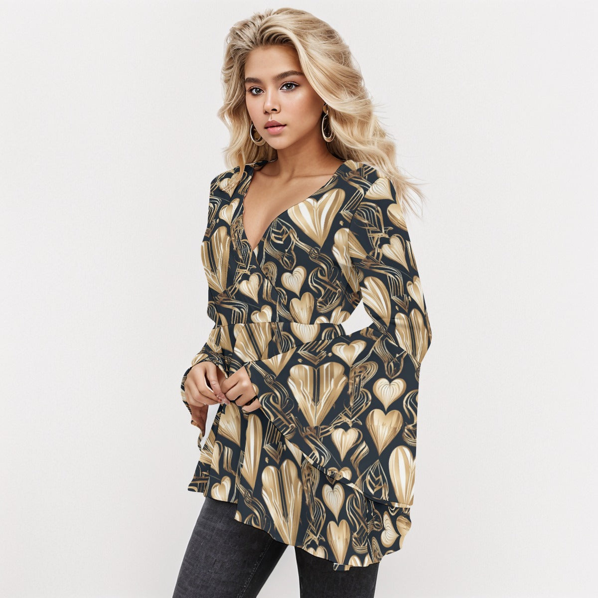 PGP Holiday Eros Époque V-neck Flared Sleeve Blouse –Black & Gold Art Deco Effortless Sophistication
