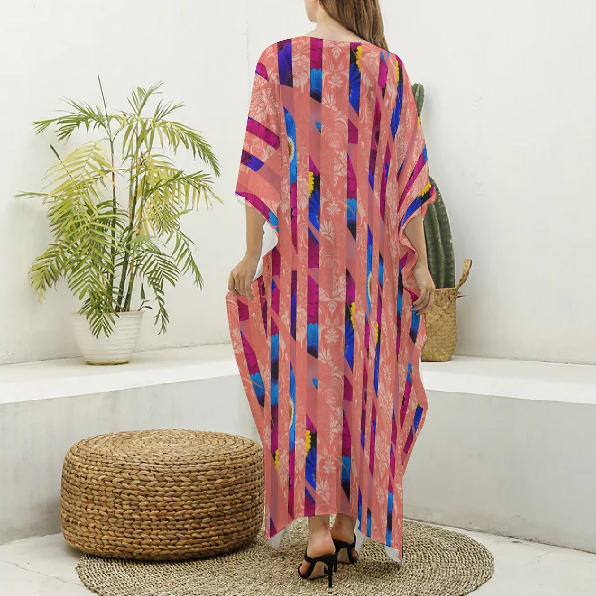 Bold Bloom Imitation Silk Kaftan Robe – Lightweight Beach Cover-Up for Spring & Summer