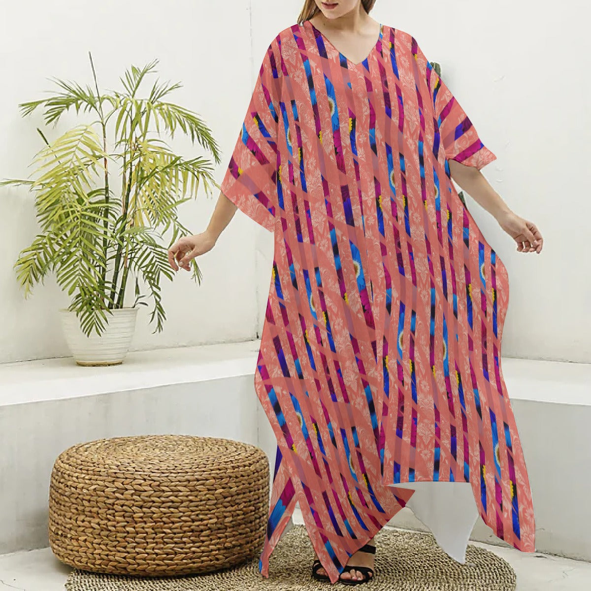 Bold Bloom Imitation Silk Kaftan Robe – Lightweight Beach Cover-Up for Spring & Summer