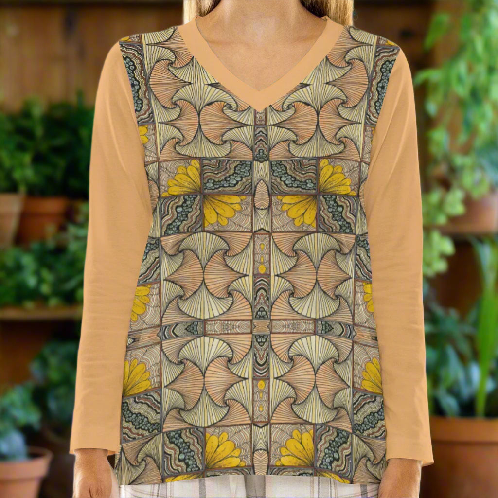 All-Over Print Women's Loose V-Neck T-Shirt With Long Sleeve