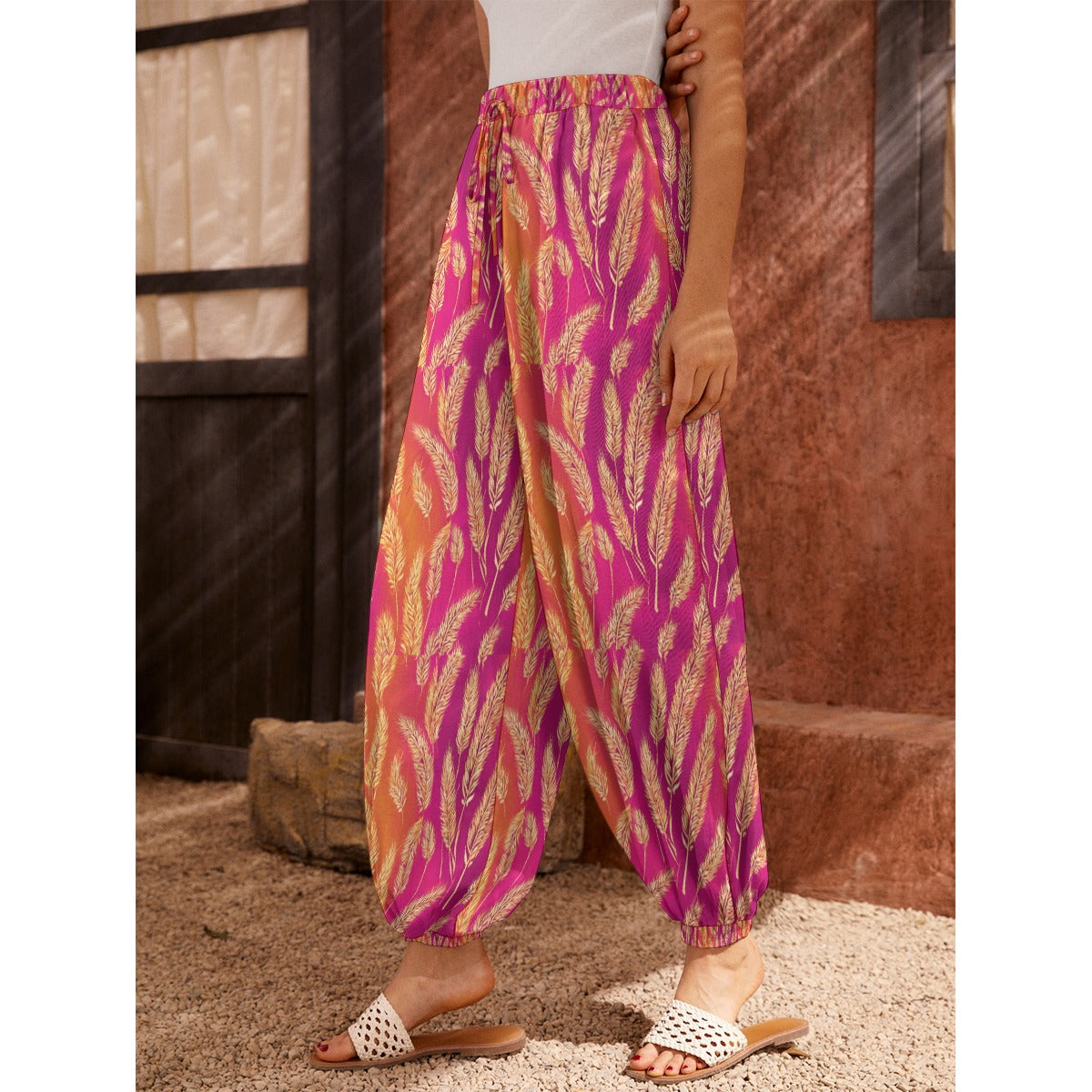 Lohri Celebration Women's Patiala Carrot Style Fit Pants with Pockets - Wheat on Vibrant Pink Ombre