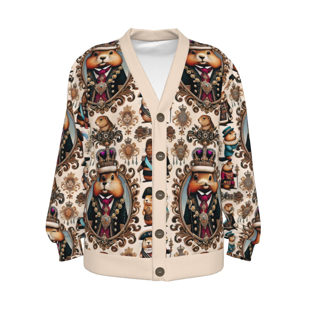 PGP Holiday Groundhog Monarchy Unisex V-Neck Knitted Fleece Cardigan – Classic, Warm & Stylish!