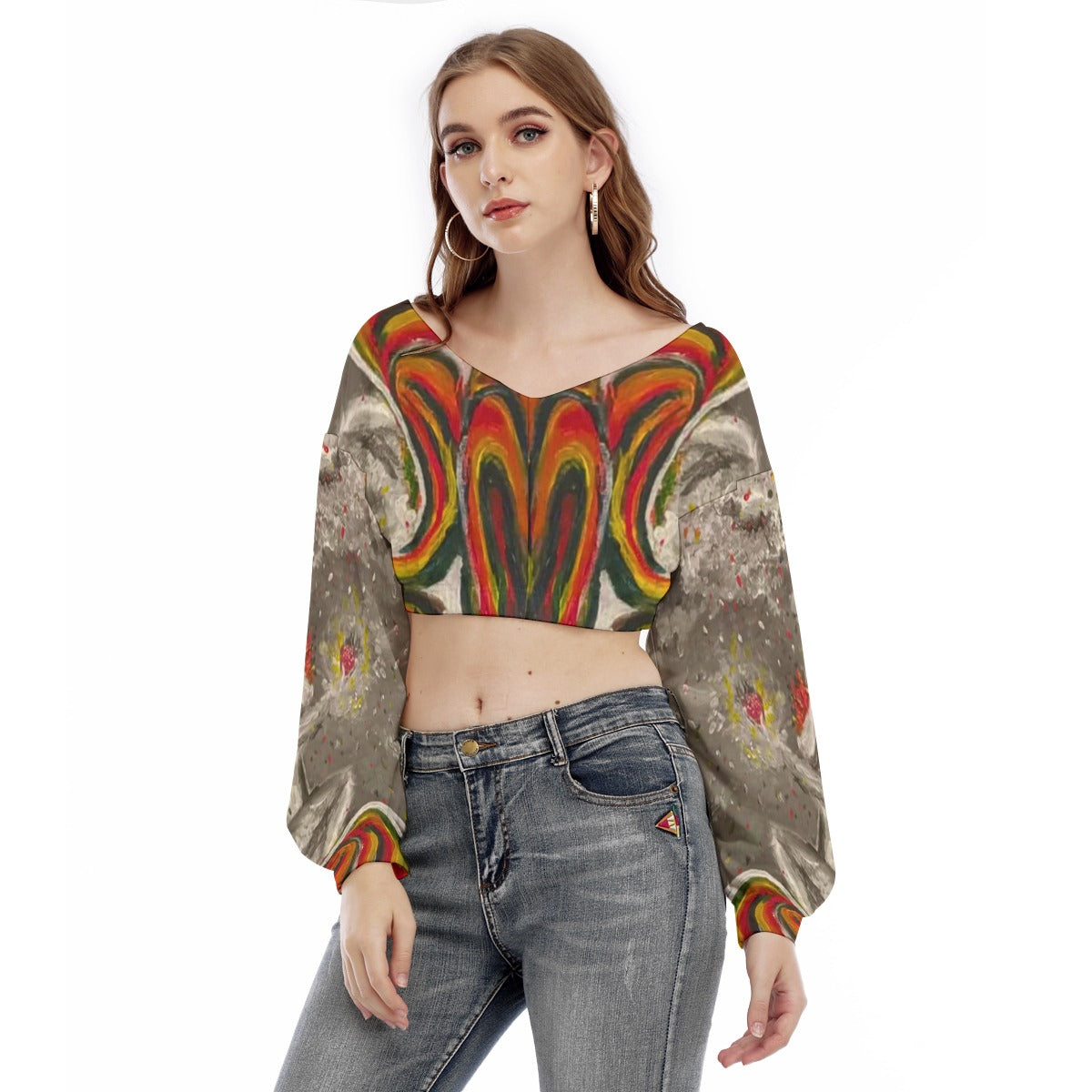 Under Grandmothers Moon V-Neck Peasant Sleeve Cropped Sweatshirt | Boho Cozy Style