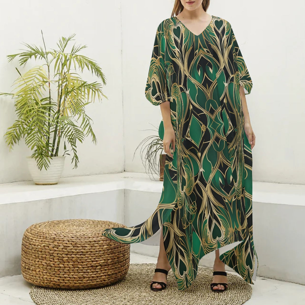 PGP Holiday Eros Époque Silky V-neck Kaftan – Emerald & Gold Art Deco Cruise & Resort Wear