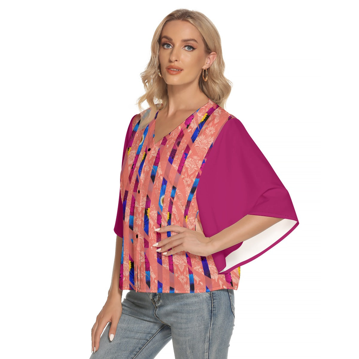 PGP Holiday Women's Bold Bloom Bat Sleeve V-neck Blouse with Four-way Stretch