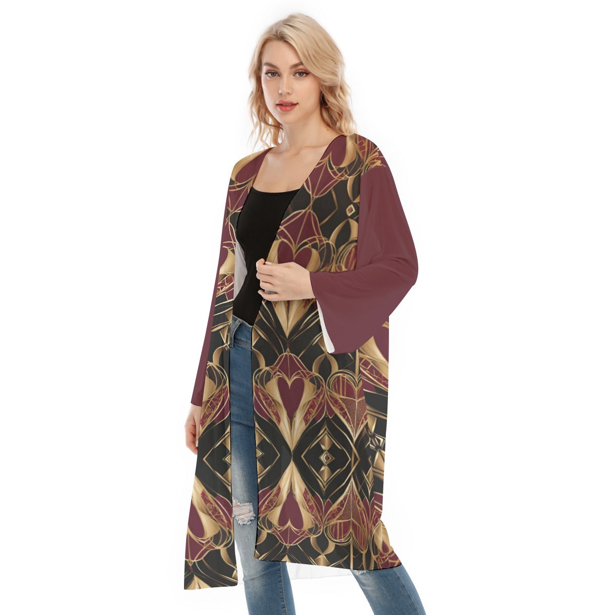 PGP Holiday Eros Époque Mesh Cardigan - Crimson & Gold Art Deco | Valentine's Day Glam