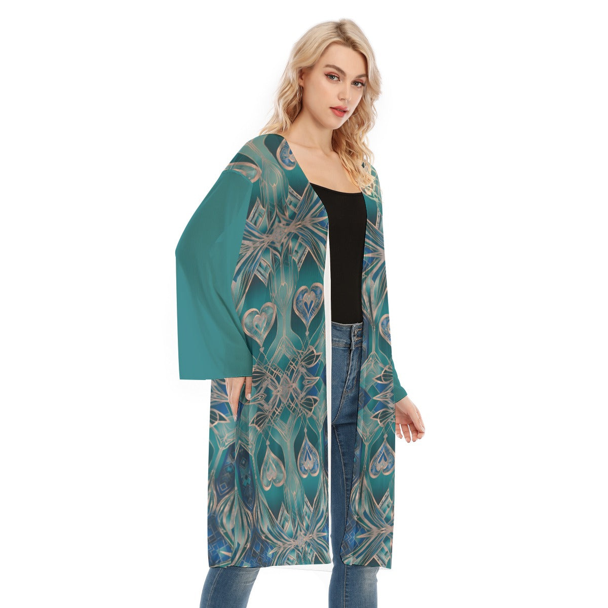 PGP Holiday Eros Époque Mesh Cardigan - Aqua Teal & Gold Art Deco | Valentine's Day Style