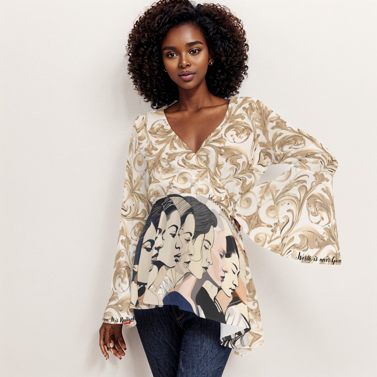 PGP Holiday Realized Flared Sleeves V-neck Blouse - Stylish Butterfly Sleeve Top for Women