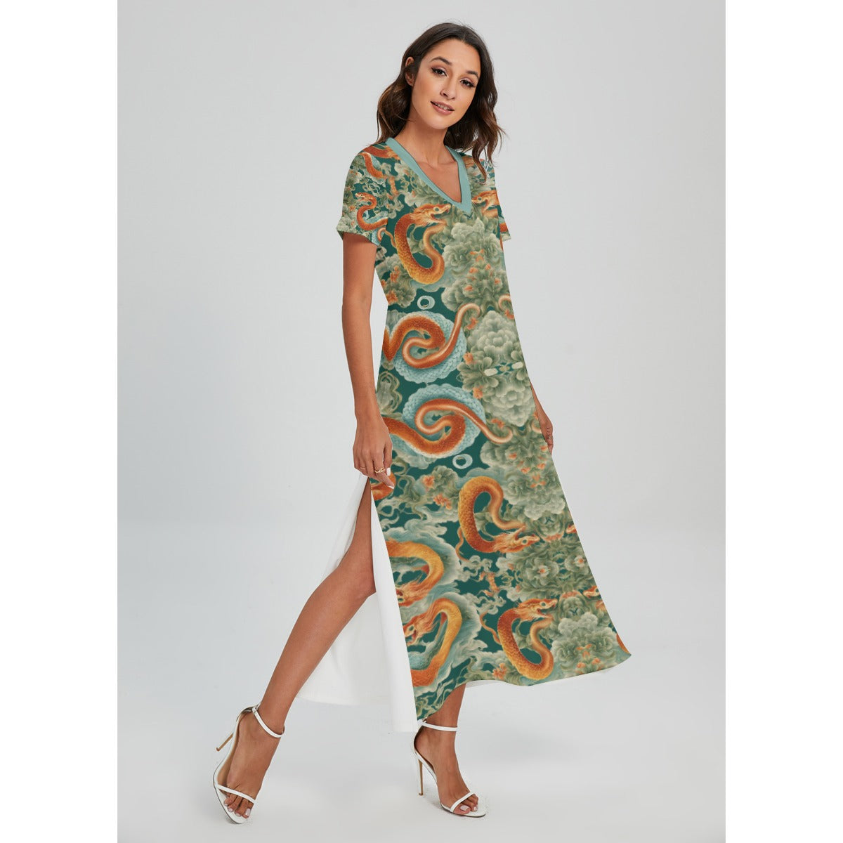 PGP Holiday Women's Rayon Long Shirt Dress | Jade Fortune Green & Aqua | Health, Wealth & Abundance