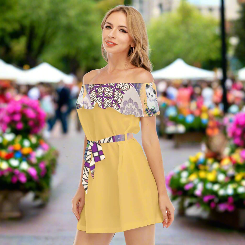 PGP Margeaux Super Mom Chiffon Lotus Leaf Dress – Off-Shoulder Ruffle Elegance for Spring Days