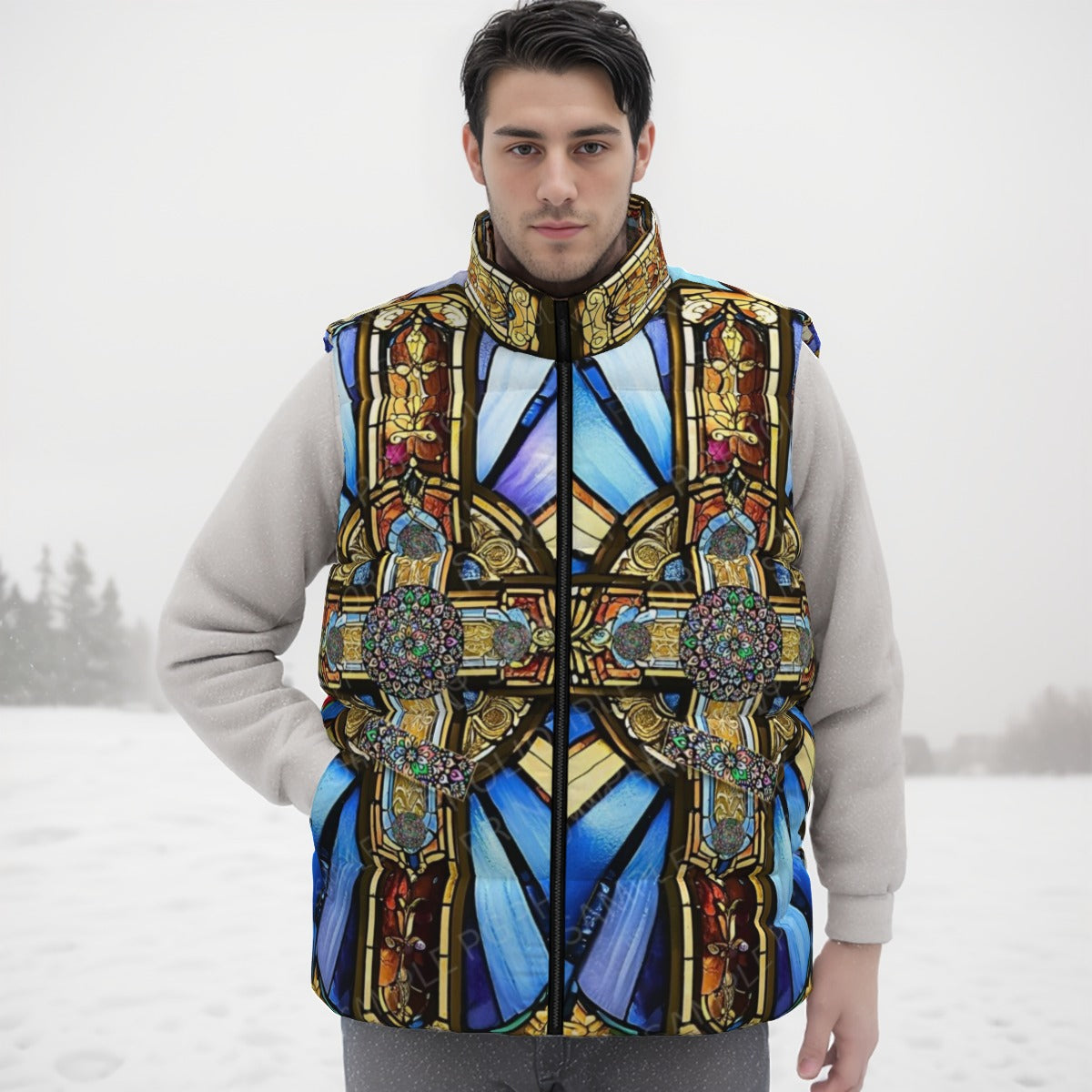 Orthodox Three-Wood Cross Stained Glass Unisex Down Vest – Warm, Windproof & Lightweight