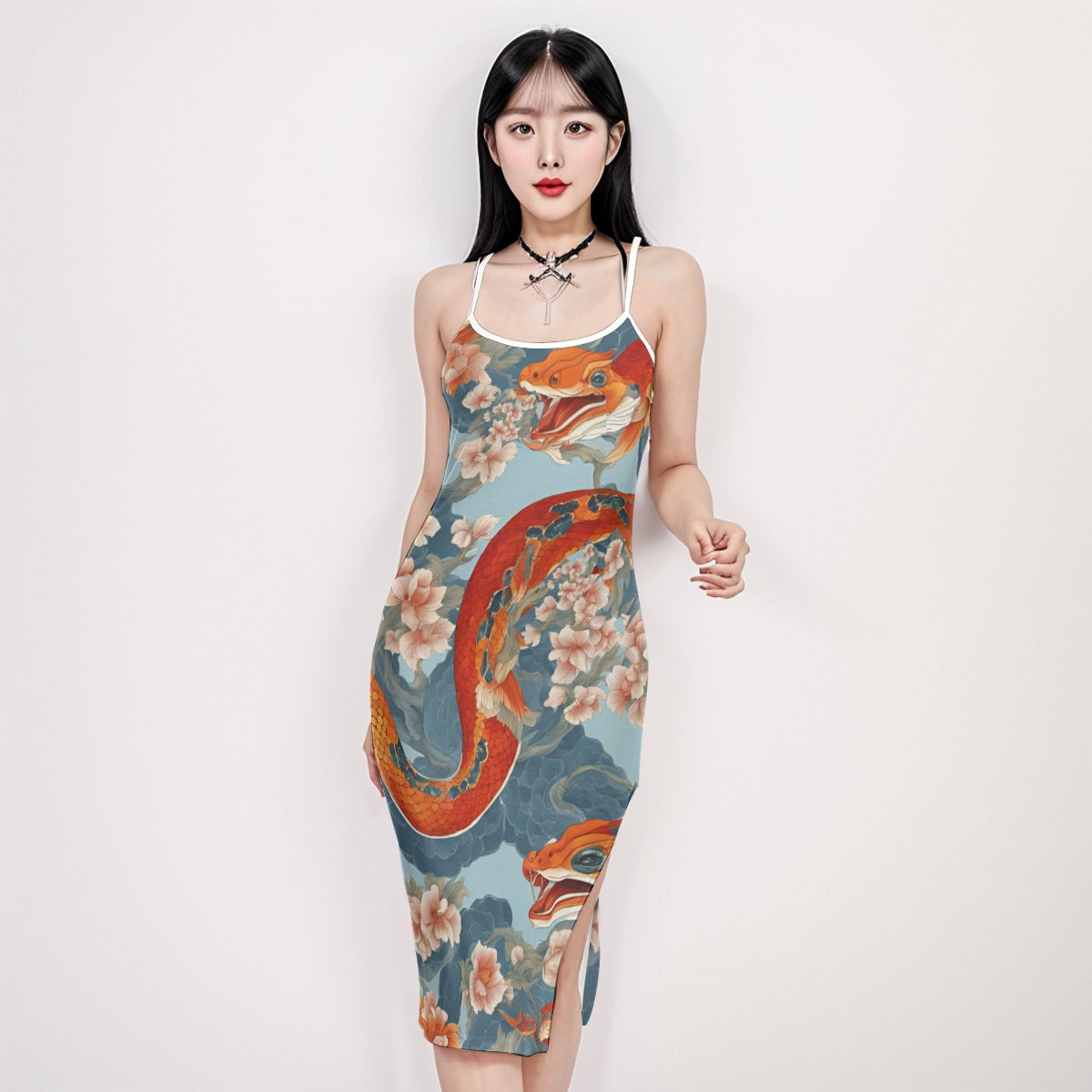 PGP Holiday Women's Back Cross Cami Dress | Blossom Serpent Orange & Blue | Prosperity & Growth