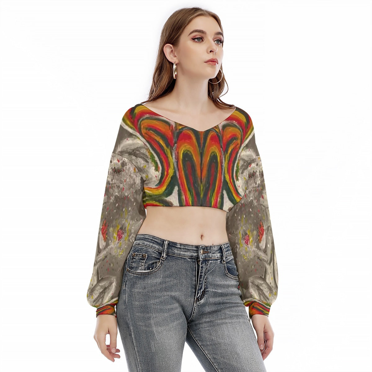 Under Grandmothers Moon V-Neck Peasant Sleeve Cropped Sweatshirt | Boho Cozy Style