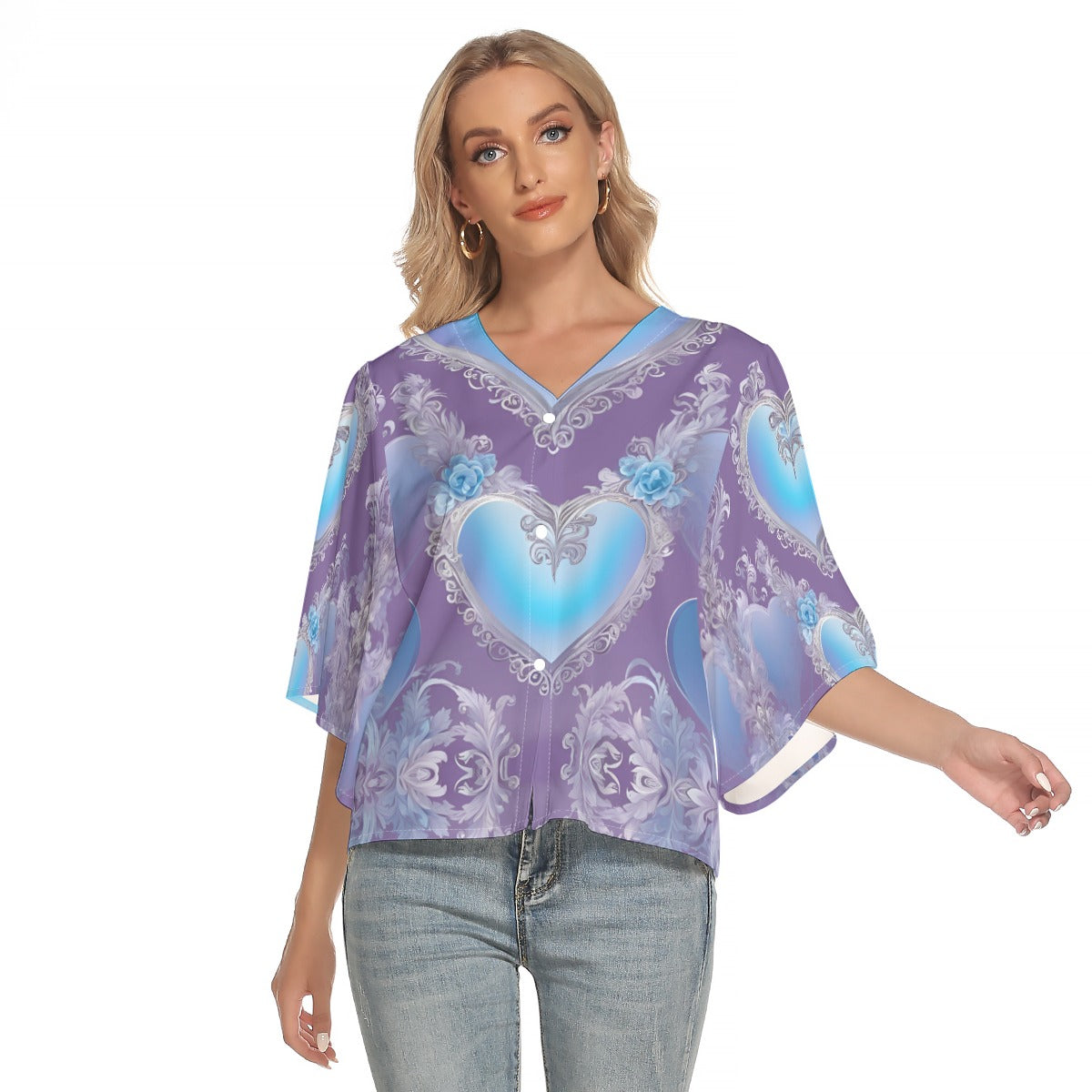 PGP Holiday She Prefers Silver Line - Cloud - Light Muse Sleeve Light V-Neck Front Buttoned Top