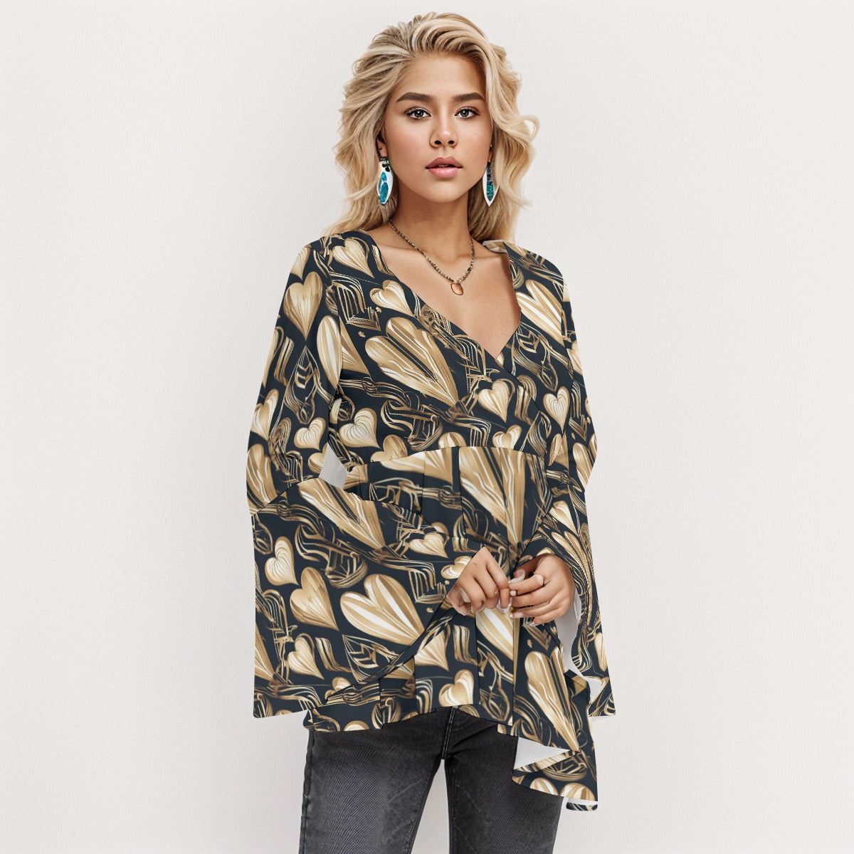 PGP Holiday Eros Époque V-neck Flared Sleeve Blouse –Black & Gold Art Deco Effortless Sophistication