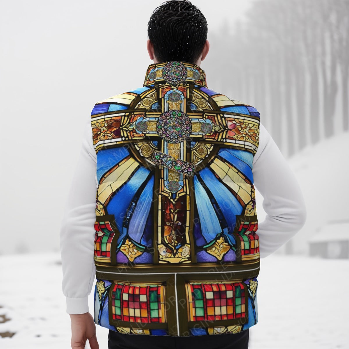 Orthodox Three-Wood Cross Stained Glass Unisex Down Vest – Warm, Windproof & Lightweight
