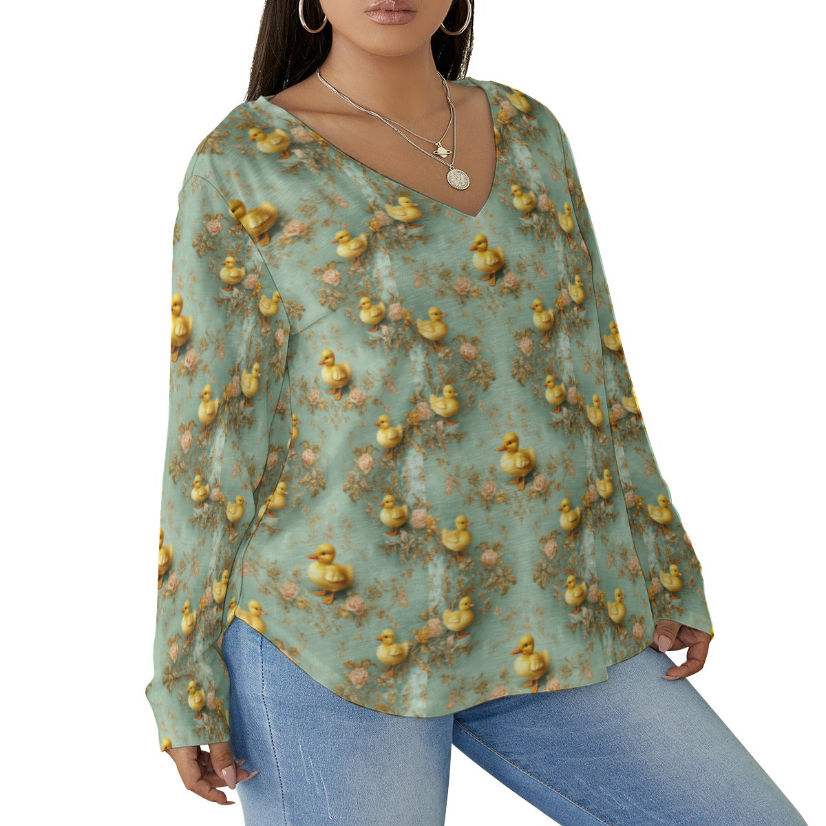 PGP Holiday Blue-Bill Charm V-Neck T-Shirt with Curved Hem (Plus Size)
