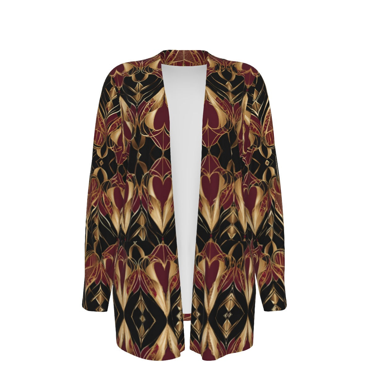 PGP Holiday Eros Époque Pocket Cardigan - Crimson & Gold Art Deco Design