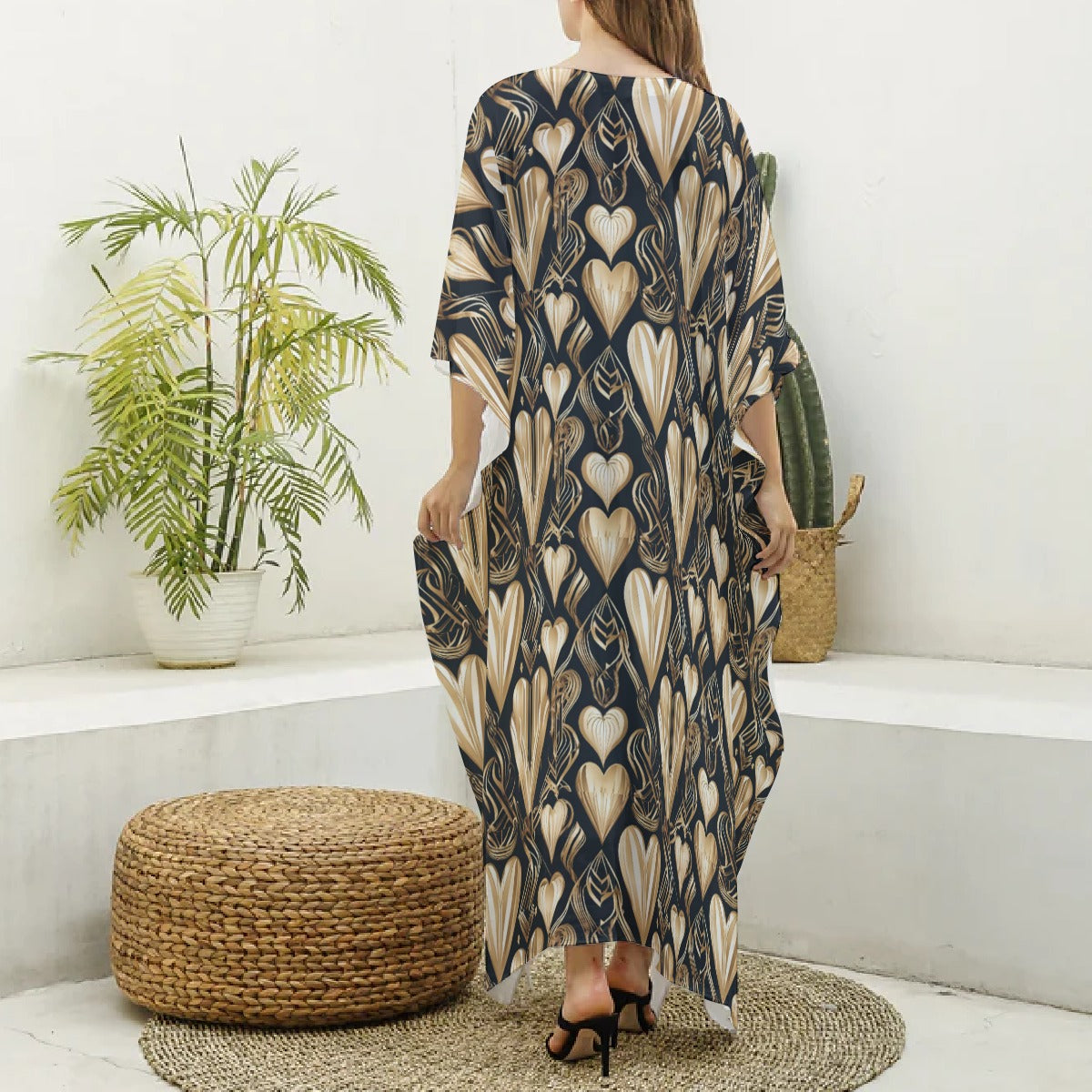 PGP Holiday Eros Époque Silky V-neck Kaftan – Black & Gold Art Deco | Timeless Valentine's Style