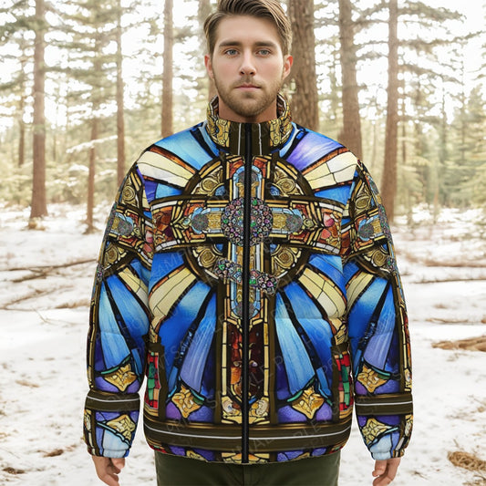 Orthodox Three-Wood Cross Stained Glass Stand-Up Collar Down Jacket – Windproof, Lightweight & Warm