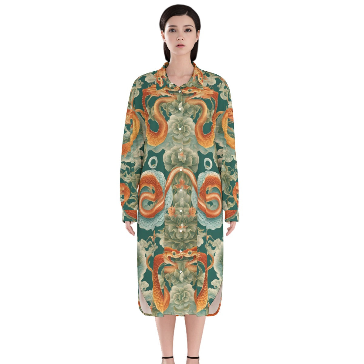 PGP Holiday Women's Rayon Long Shirt Dress | Jade Fortune Green & Aqua | Health, Wealth & Abundance