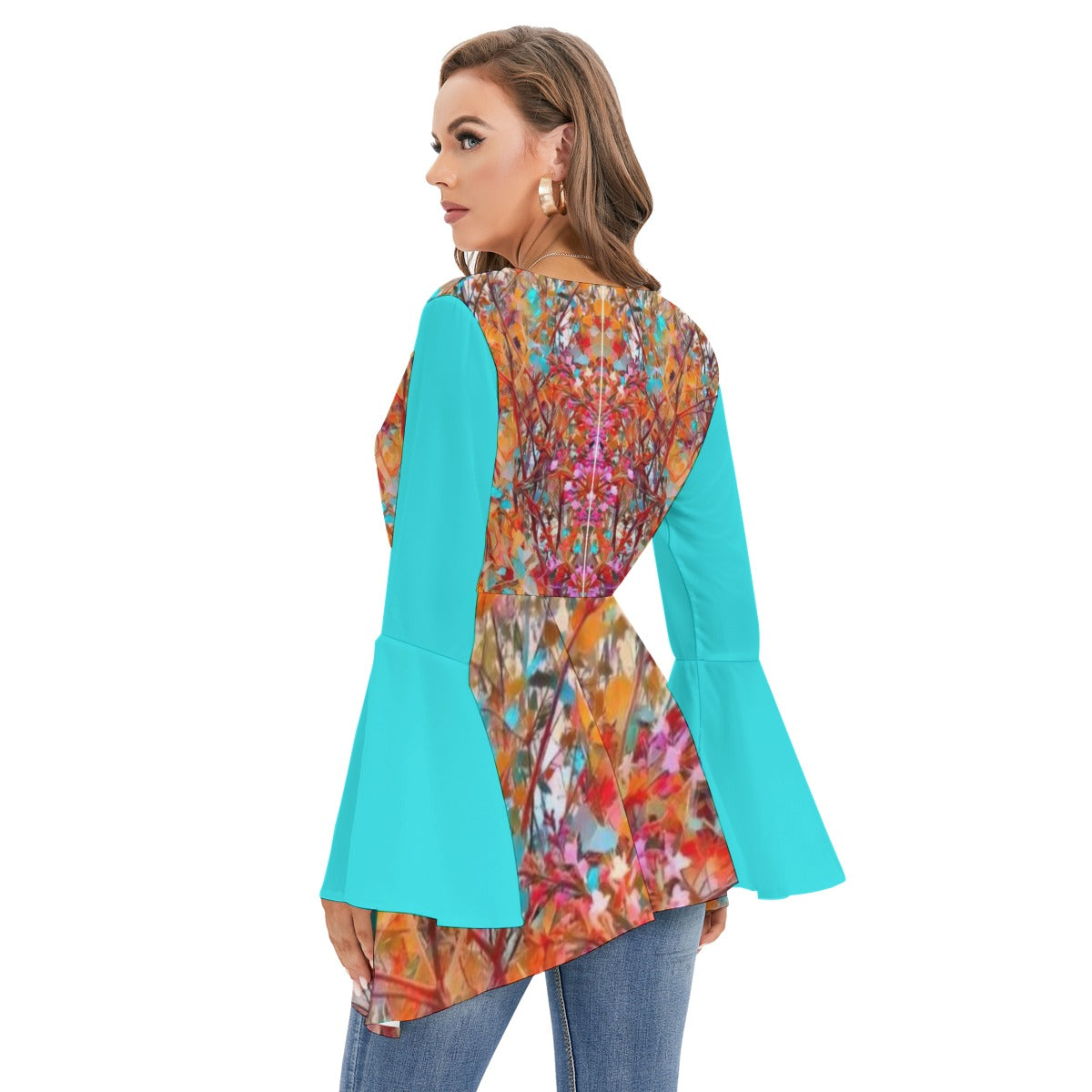 All-Over Print Women's V-neck Blouse With Flared Sleeves
