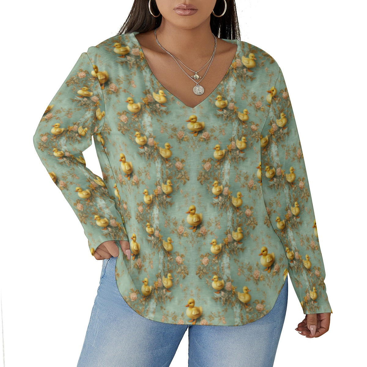 PGP Holiday Blue-Bill Charm V-Neck T-Shirt with Curved Hem (Plus Size)
