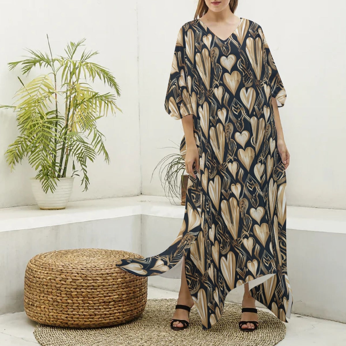 PGP Holiday Eros Époque Silky V-neck Kaftan – Black & Gold Art Deco | Timeless Valentine's Style