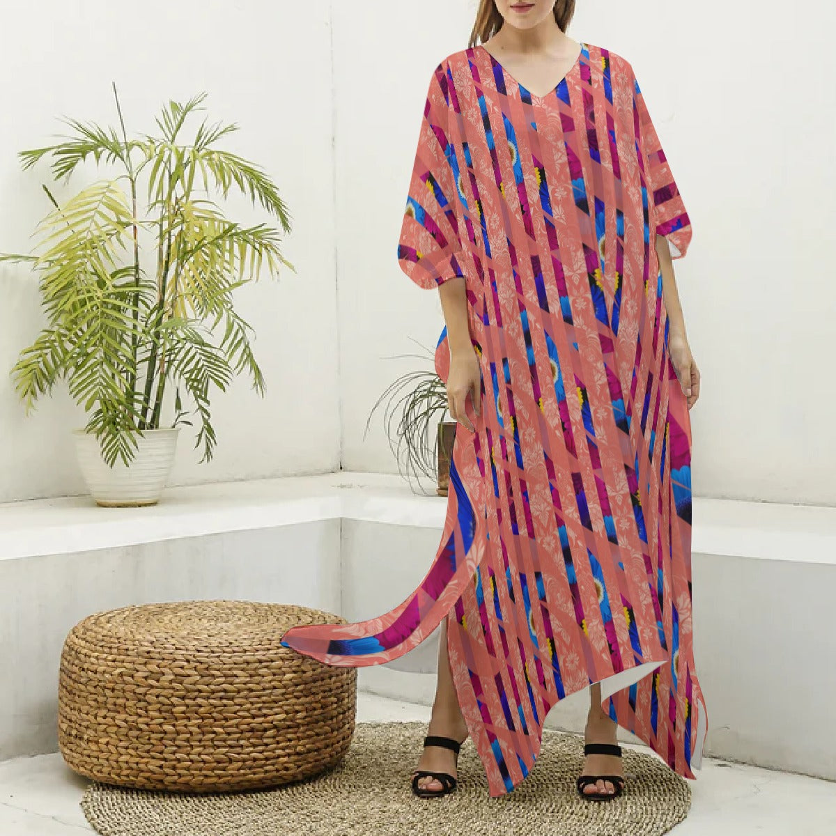 Bold Bloom Imitation Silk Kaftan Robe – Lightweight Beach Cover-Up for Spring & Summer