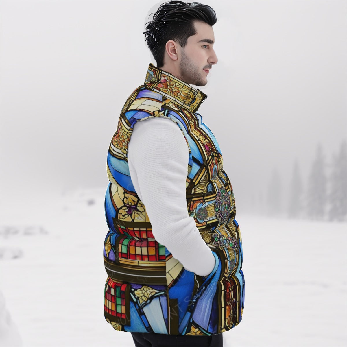 Orthodox Three-Wood Cross Stained Glass Unisex Down Vest – Warm, Windproof & Lightweight