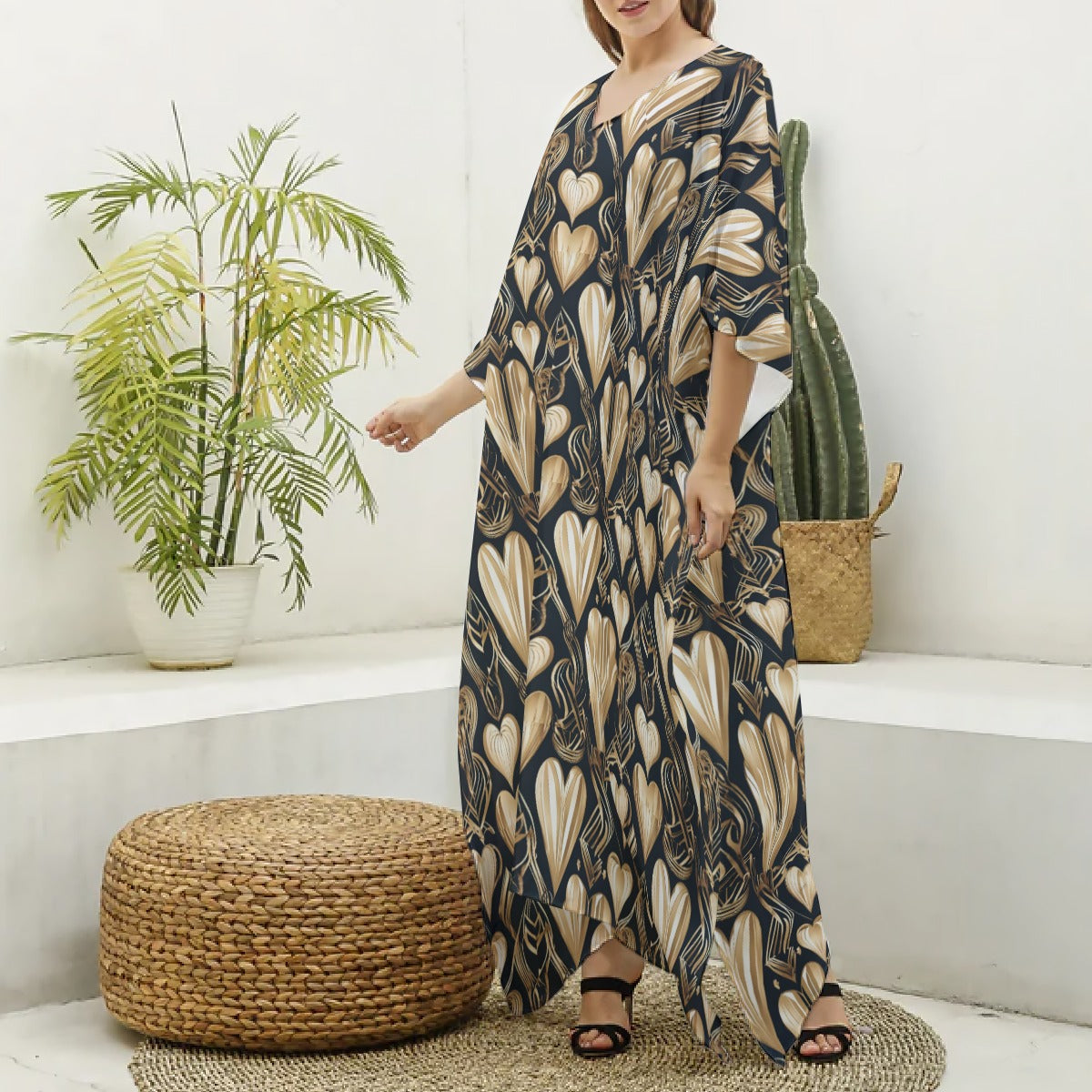 PGP Holiday Eros Époque Silky V-neck Kaftan – Black & Gold Art Deco | Timeless Valentine's Style