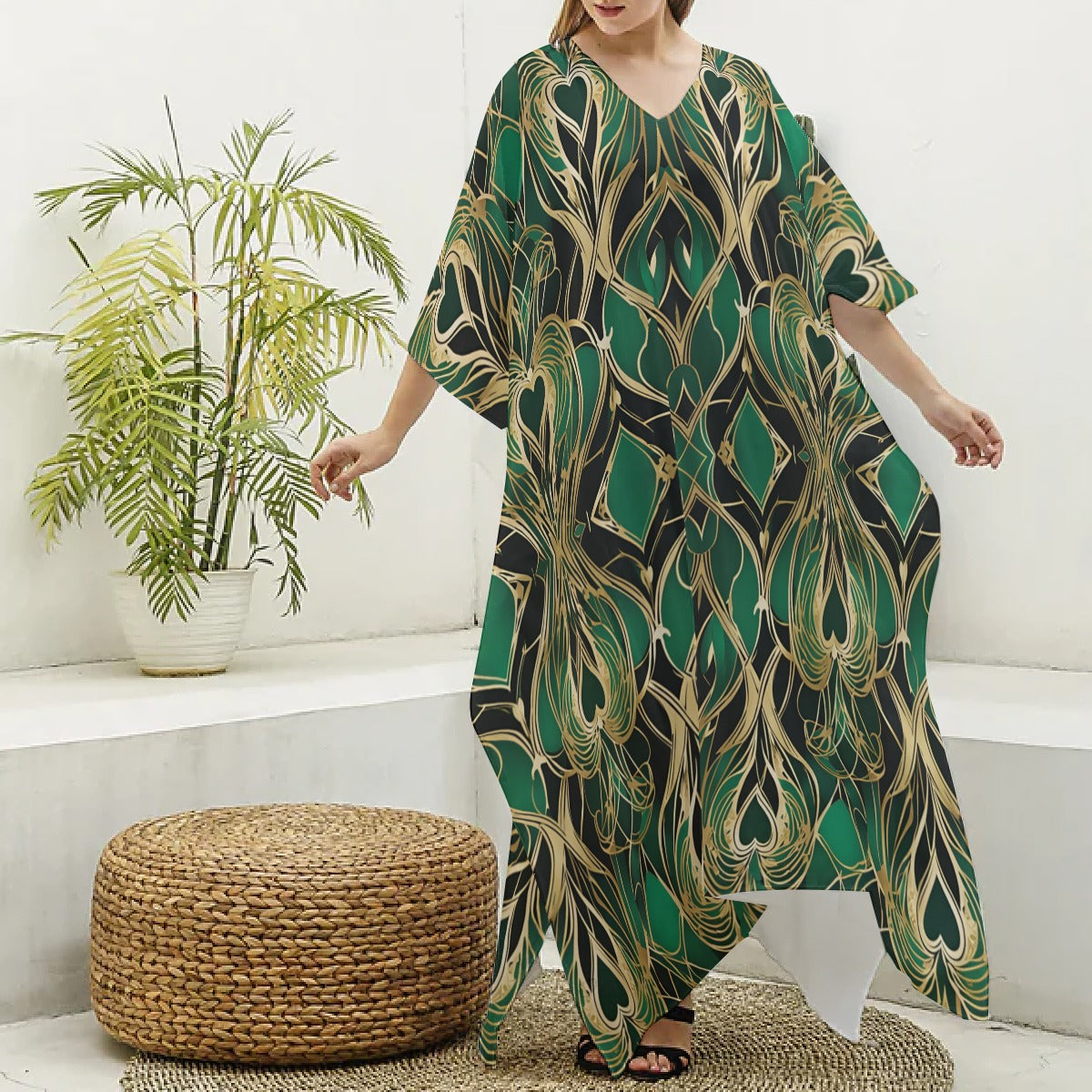 PGP Holiday Eros Époque Silky V-neck Kaftan – Emerald & Gold Art Deco Cruise & Resort Wear