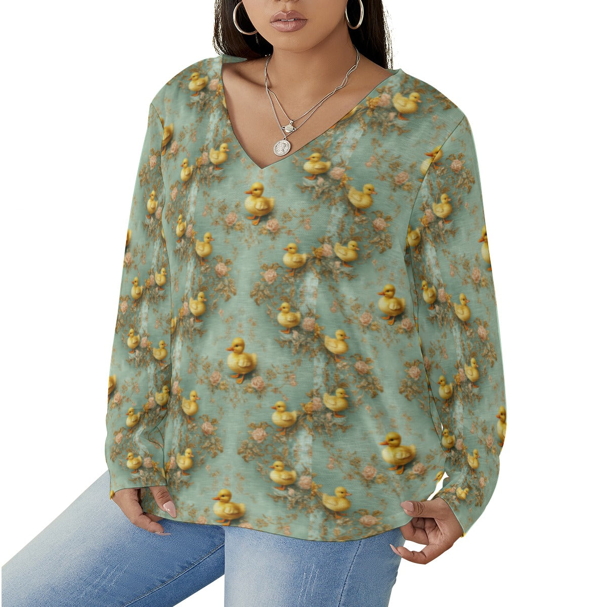 PGP Holiday Blue-Bill Charm V-Neck T-Shirt with Curved Hem (Plus Size)