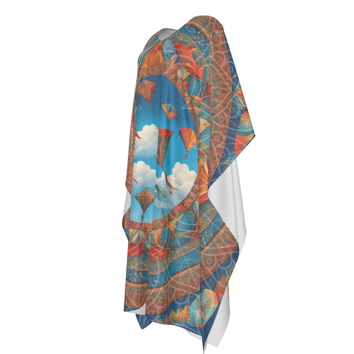 Makar Sankranti Celebration Imitation Silk V-neck Kaftan - Kite Mandala Madhubani-inspired